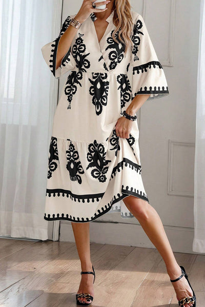 Black Geometric Print 3/4 Sleeve Loose Midi Dress - The Boho Body