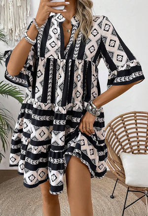Black Geometric Print V Neck Ruffled Dress - The Boho Body