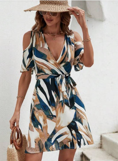 Cold Shoulder Graphic Short Sleeve Belted Mini Dress - The Boho Body