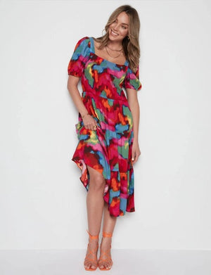 Shirred Bodice Square Neck Multi Coloured Midi Dress - The Boho Body