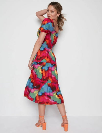 Shirred Bodice Square Neck Multi Coloured Midi Dress - The Boho Body