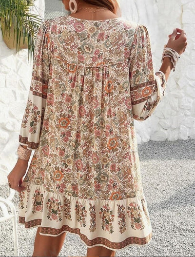 Floral Print Tie Neck Midi Bohemian Smock Dress