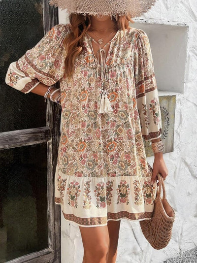 Floral Print Tie Neck Midi Bohemian Smock Dress