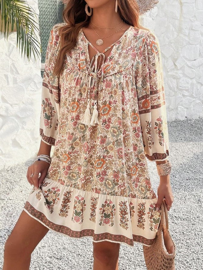 Floral Print Tie Neck Midi Bohemian Smock Dress