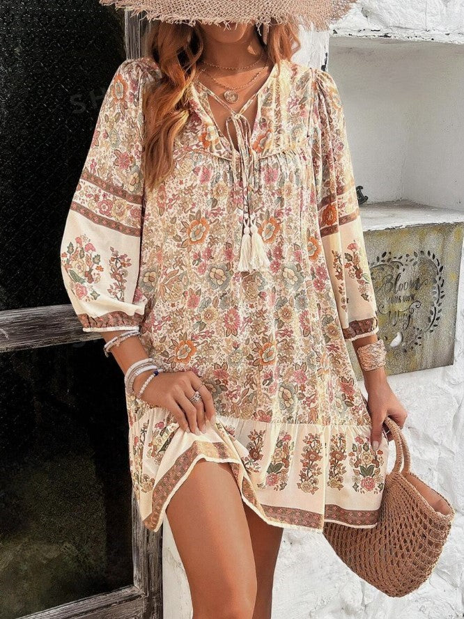 Floral Print Tie Neck Midi Bohemian Smock Dress