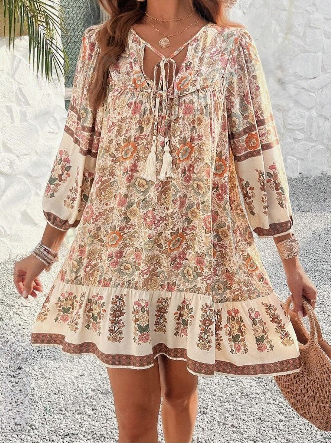 Floral Print Tie Neck Midi Bohemian Smock Dress