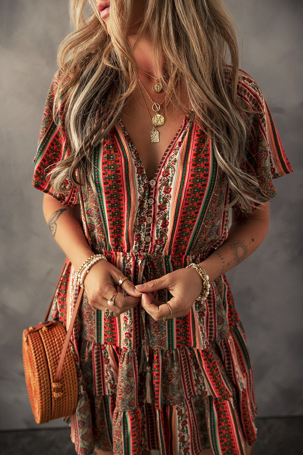 Red Bohemian Floral Print Buttoned V Neck Ruffle Tiered Dress - The Boho Body