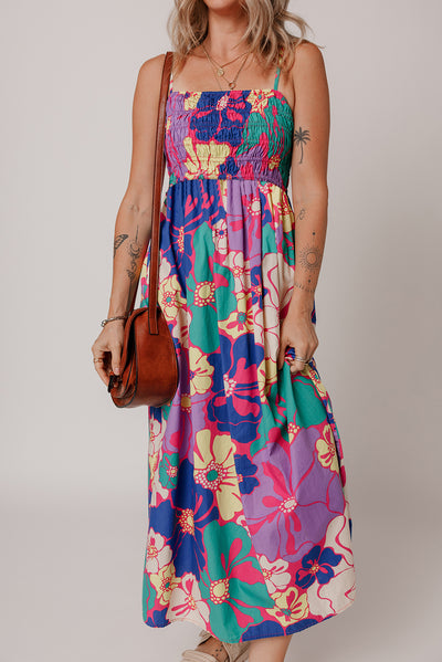 Purple Floral Print Shirred Spaghetti Strap Loose Maxi Dress - The Boho Body