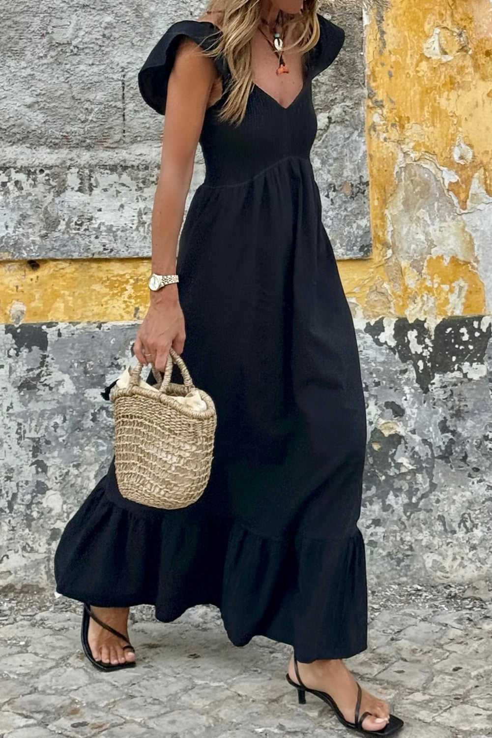 Black V Neck Flutter Sleeve Smocked Bodice High Waist Ruffle Maxi Dress - The Boho Body