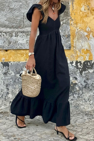 Black V Neck Flutter Sleeve Smocked Bodice High Waist Ruffle Maxi Dress - The Boho Body