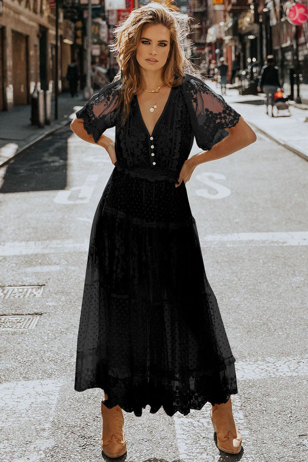 Black Dotty Lace Mesh Flowy Maxi Dress - The Boho Body
