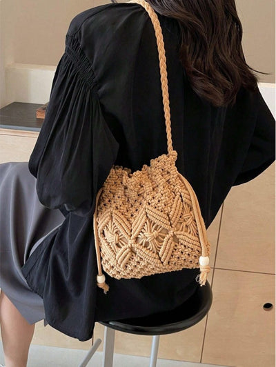 Boho Woven Drawstring Style Beach Bag