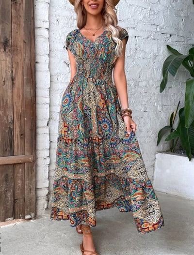 Paisley Print Shirred V-Neck Ruffle Hem Maxi Dress 