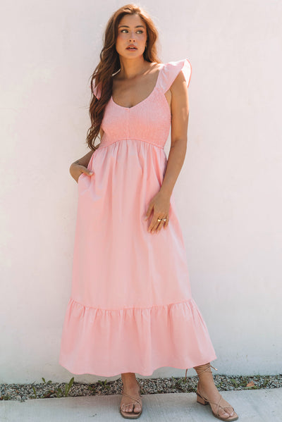 Black V Neck Flutter Sleeve Smocked Bodice High Waist Ruffle Maxi Dress - The Boho Body