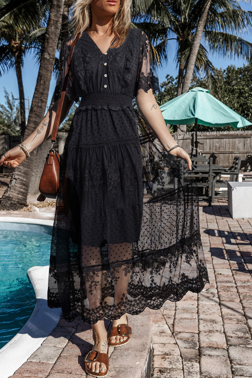 Black Dotty Lace Mesh Flowy Maxi Dress - The Boho Body