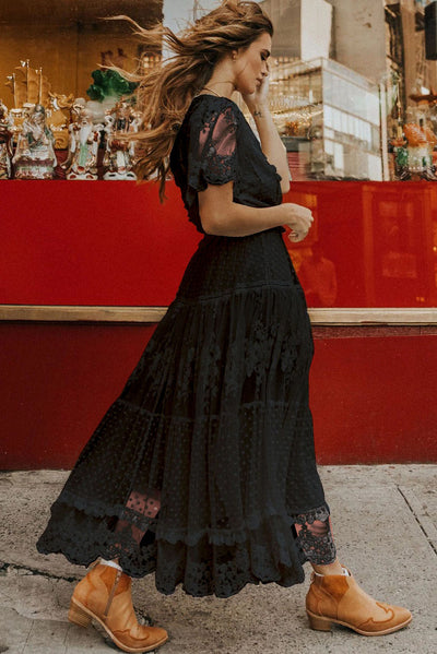 Black Dotty Lace Mesh Flowy Maxi Dress - The Boho Body