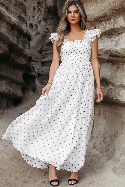 White Polka Dot Flutter Sleeve Square Neck Smocked Maxi Dress - The Boho Body