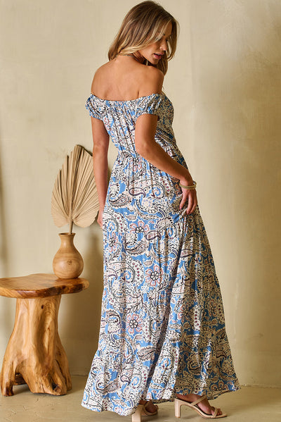 Blue Boho Paisley Print Off The Shoulder Maxi Dress