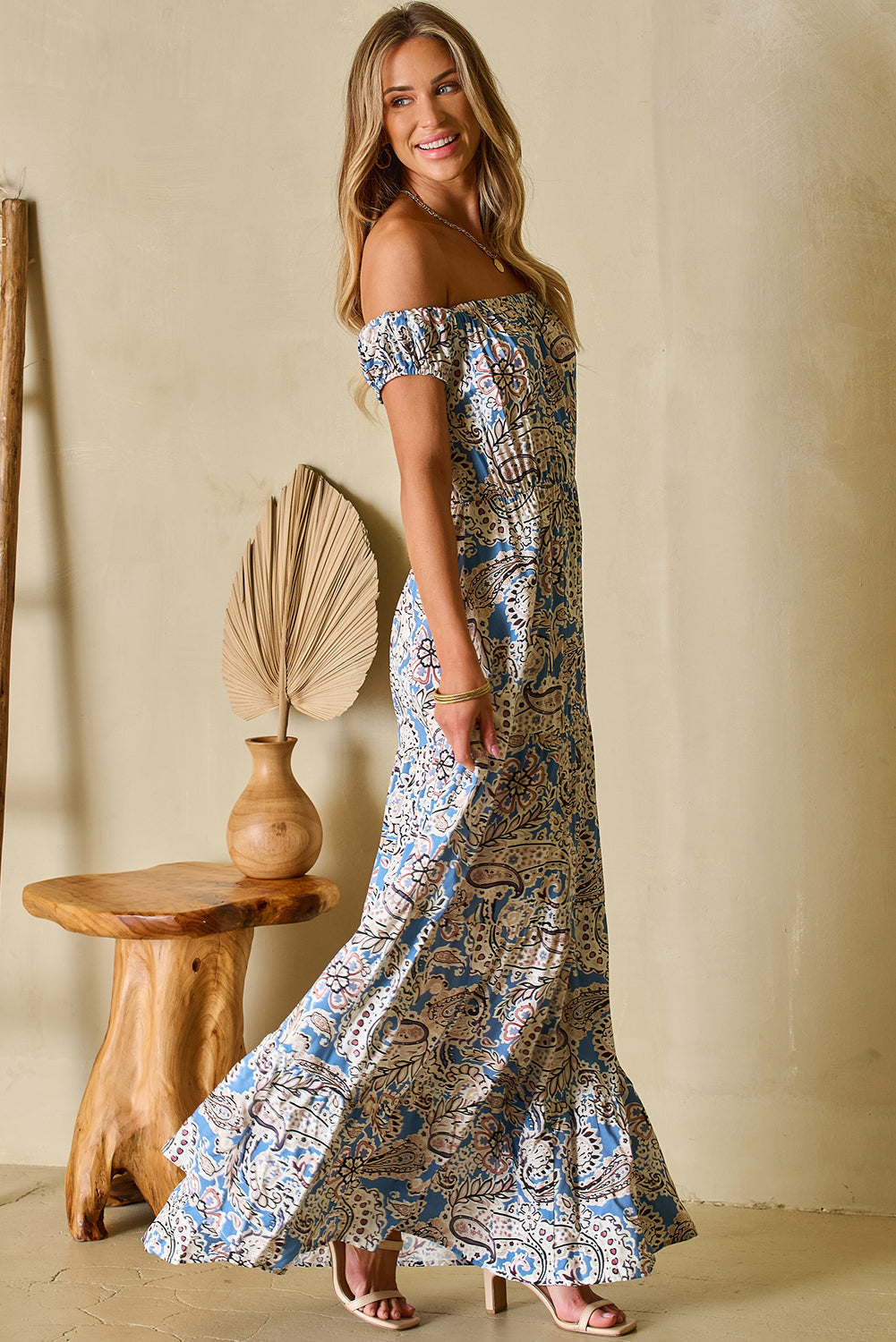 Blue Boho Paisley Print Off The Shoulder Maxi Dress
