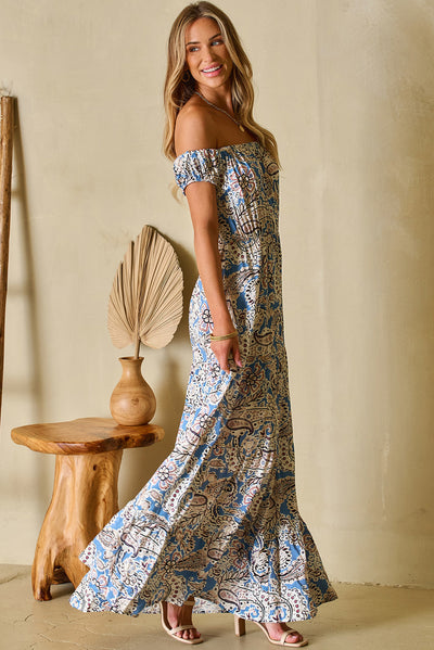 Blue Boho Paisley Print Off The Shoulder Maxi Dress