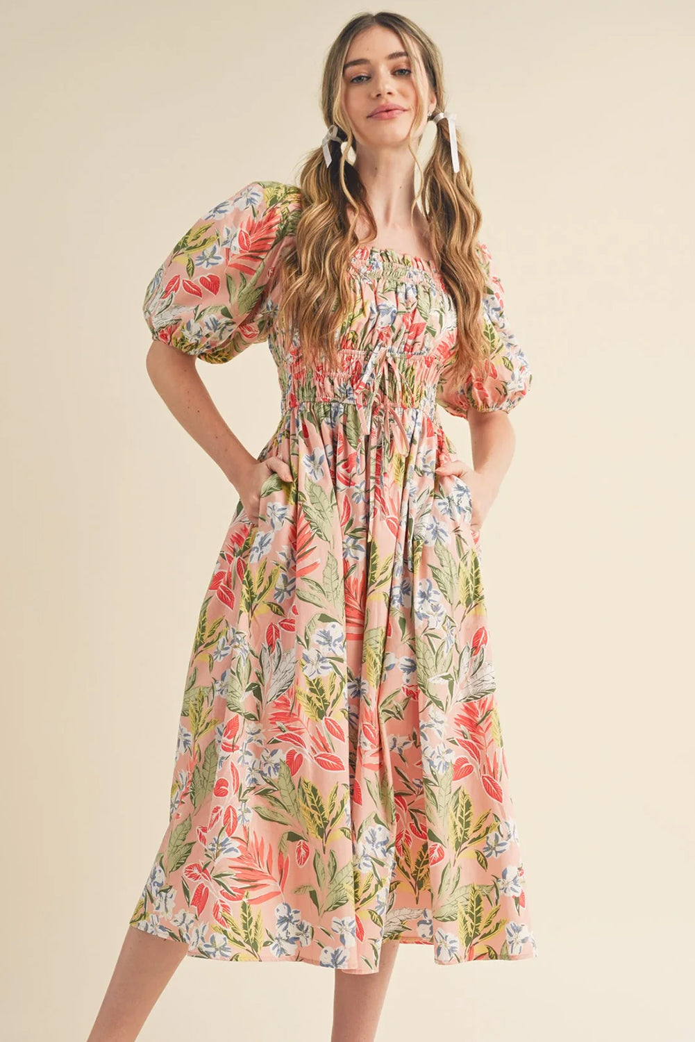 Floral Smocked Bubble Short Sleeve Maxi Dress - The Boho Body