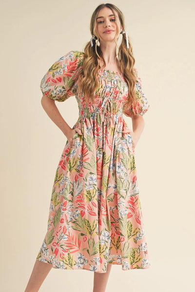 Floral Smocked Bubble Short Sleeve Maxi Dress - The Boho Body