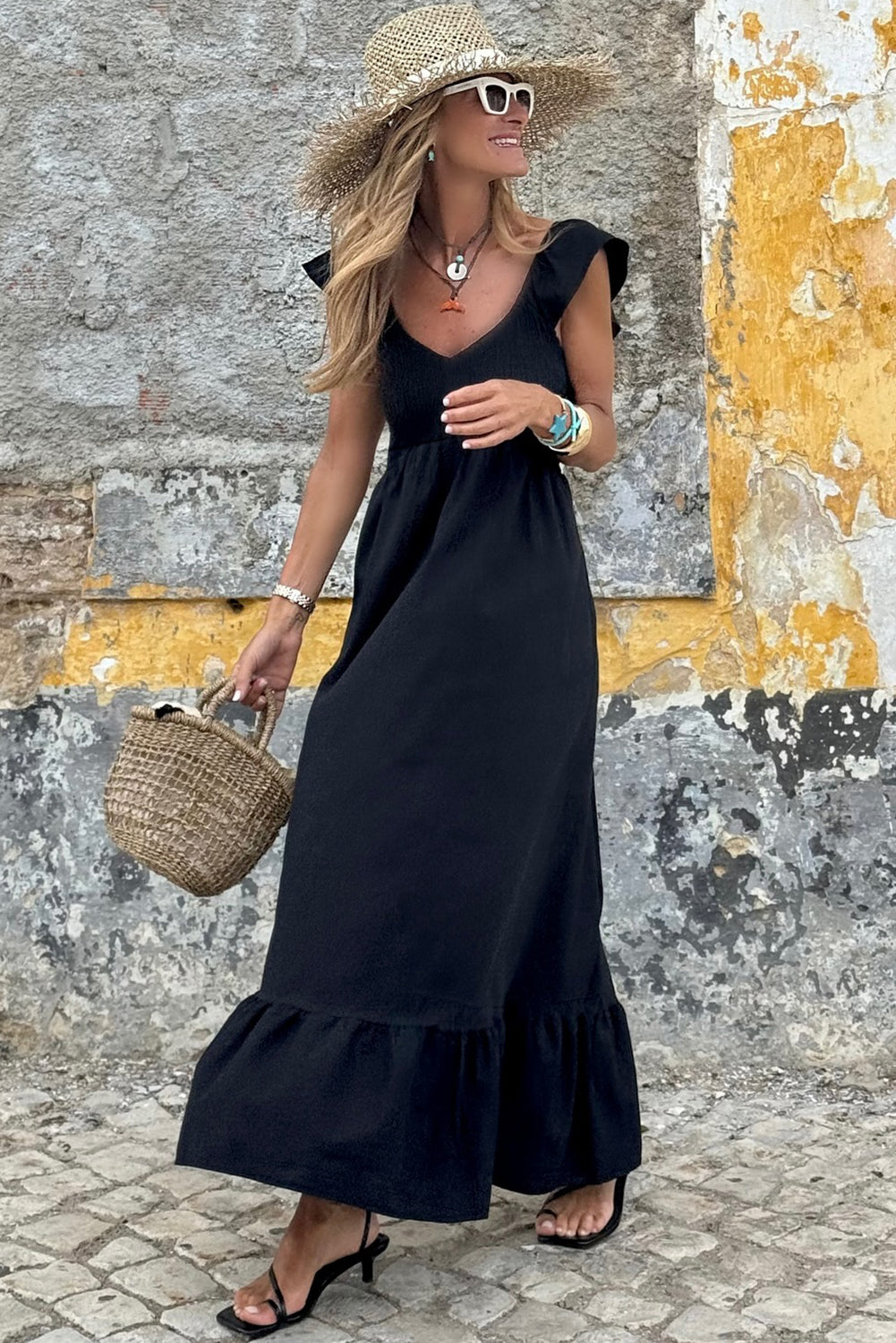 Black V Neck Flutter Sleeve Smocked Bodice High Waist Ruffle Maxi Dress - The Boho Body