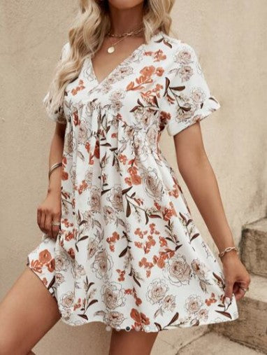 V-Neck Rusty Floral Print Batwing Sleeve Smock Dress - The Boho Body