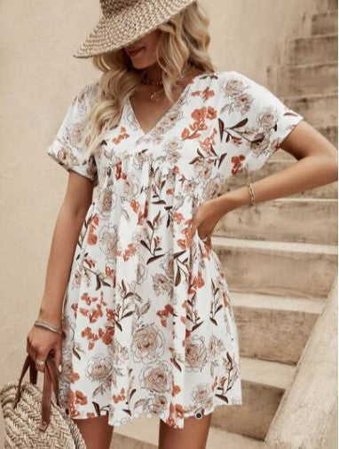 V-Neck Rusty Floral Print Batwing Sleeve Smock Dress - The Boho Body