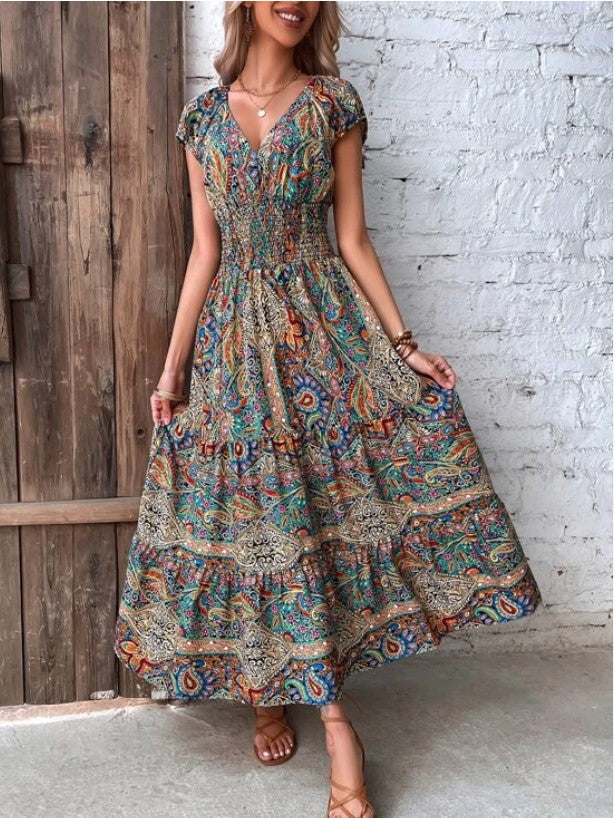 Paisley Print Shirred V-Neck Ruffle Hem Maxi Dress 