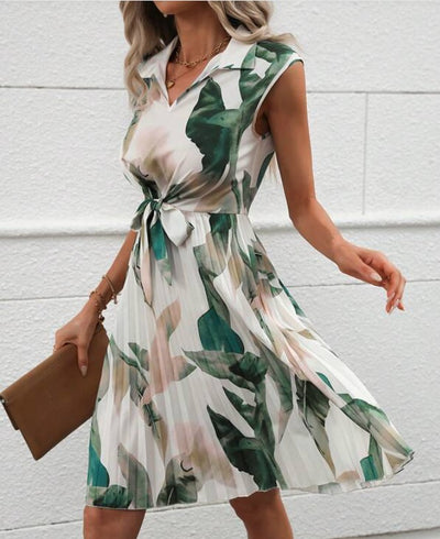 Collared Leafy Graphic Print Belted Summer Pleated Dress