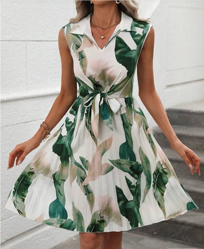 Collared Leafy Graphic Print Belted Summer Pleated Dress