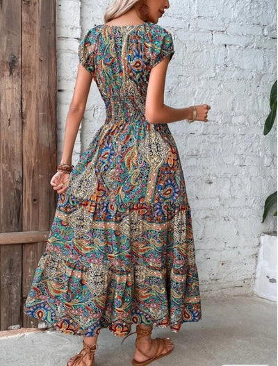 Paisley Print Shirred V-Neck Ruffle Hem Maxi Dress 