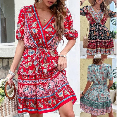 Bohemian V-neck Floral Short Sleeve Dress With Belt