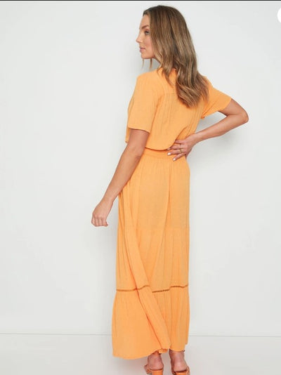 Ladies Short Sleeve Shirred Waist Ruffle Maxi Dress