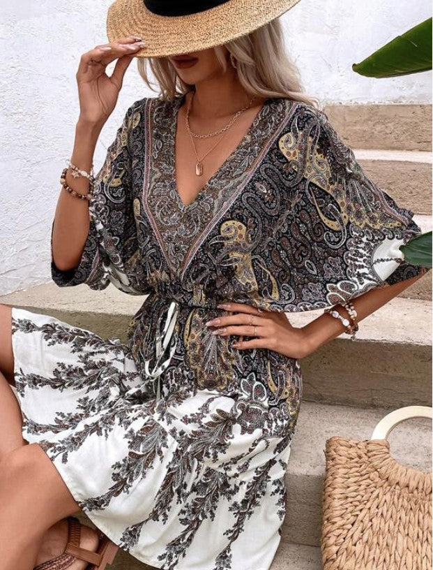 Paisley Print Batwing Sleeve Tassel Tie Boho Dress - The Boho Body