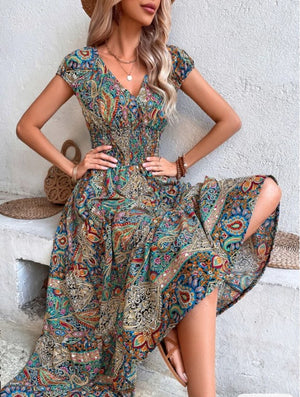 Paisley Print Shirred V-Neck Ruffle Hem Maxi Dress 