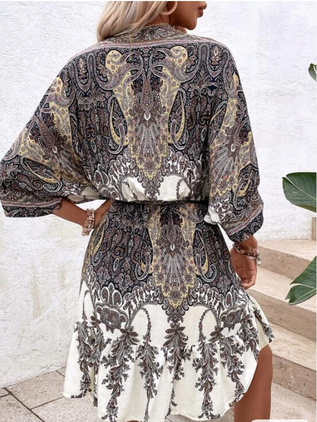 Paisley Print Batwing Sleeve Tassel Tie Boho Dress - The Boho Body