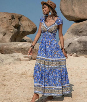 Floral Print Sweetheart Neckline Shirred Waist Boho Dress - The Boho Body