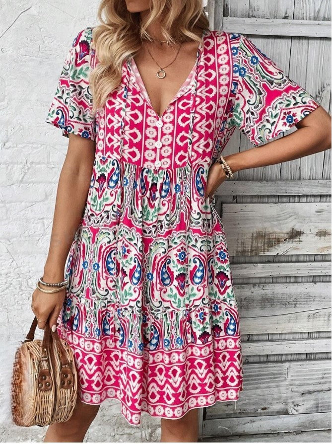 Floral Print Tie V-Neck Ruffle Hem Smock Midi Dress