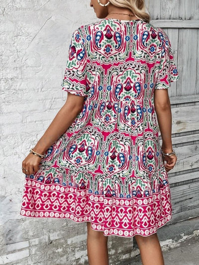 Floral Print Tie V-Neck Ruffle Hem Smock Midi Dress