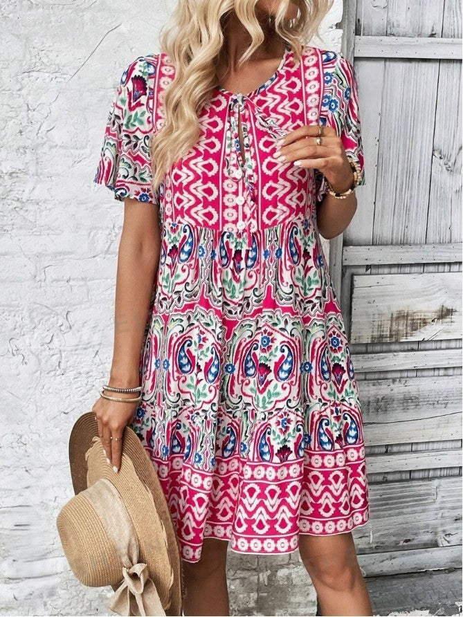 Floral Print Tie V-Neck Ruffle Hem Smock Midi Dress