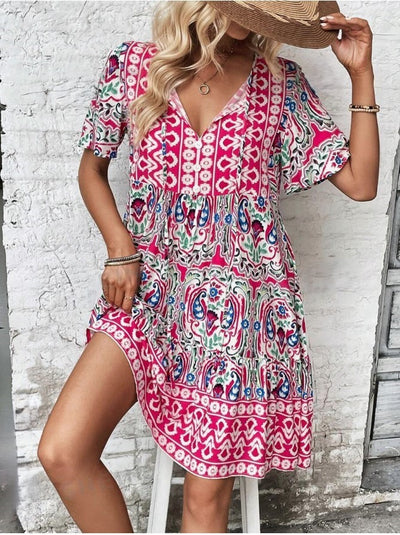 Floral Print Tie V-Neck Ruffle Hem Smock Midi Dress