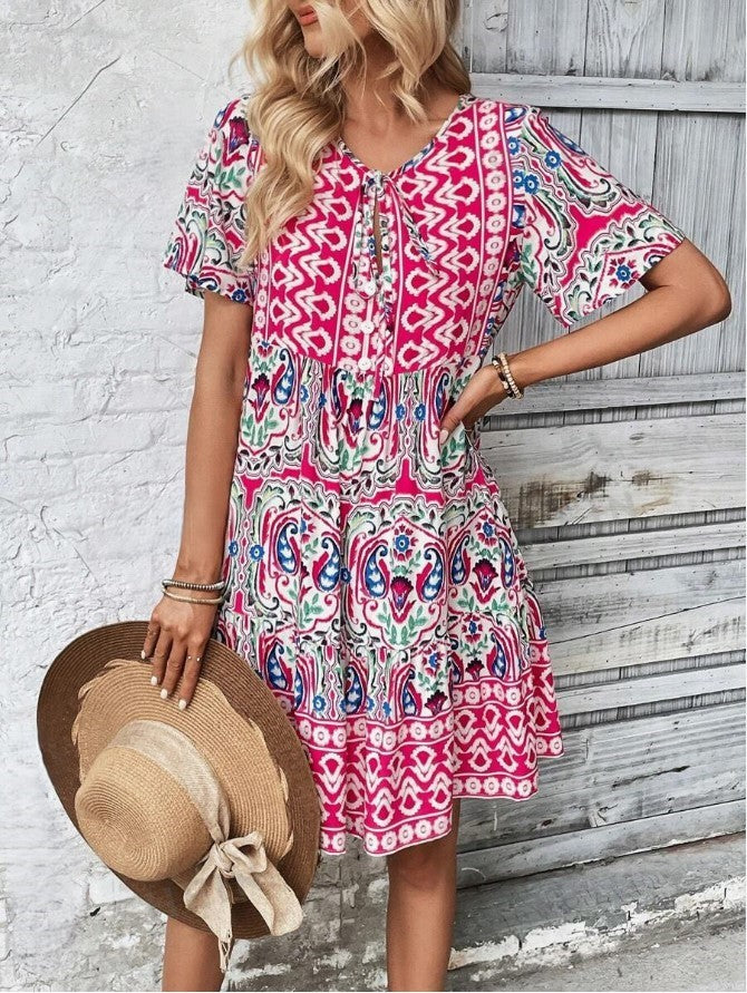 Floral Print Tie V-Neck Ruffle Hem Smock Midi Dress