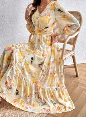 Floral Print Lantern Sleeve Ruffled Hem Maxi Dress