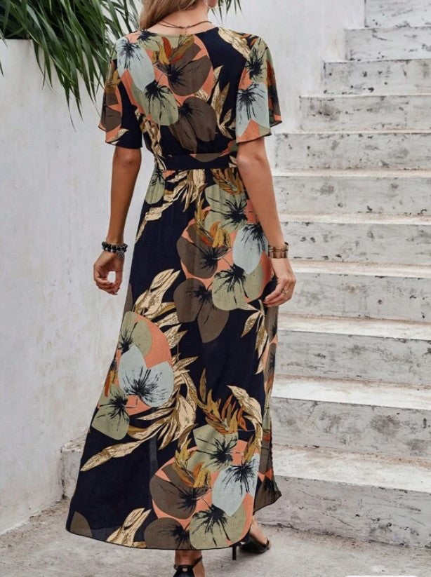 Tropical Floral Print Split Thigh Belted Maxi Dress 