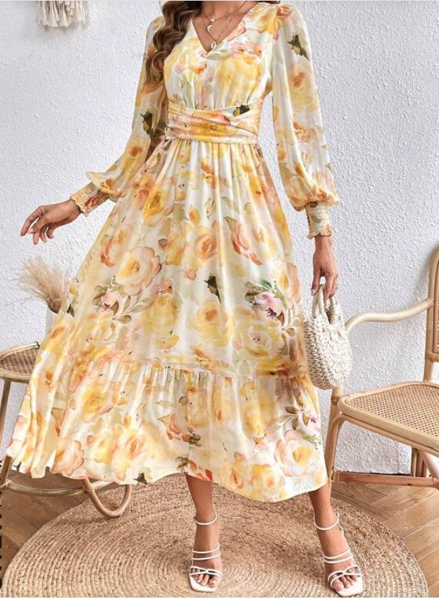 Floral Print Lantern Sleeve Ruffled Hem Maxi Dress