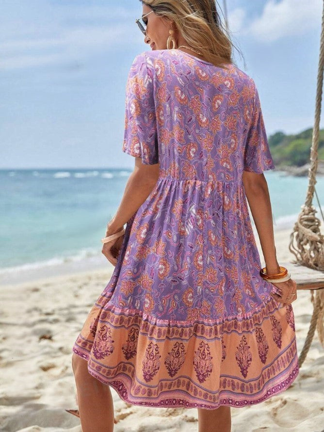 Floral Print Tie V-Neck Ruffle Hem Smock Midi Dress