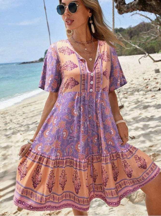 Floral Print Tie V-Neck Ruffle Hem Smock Midi Dress