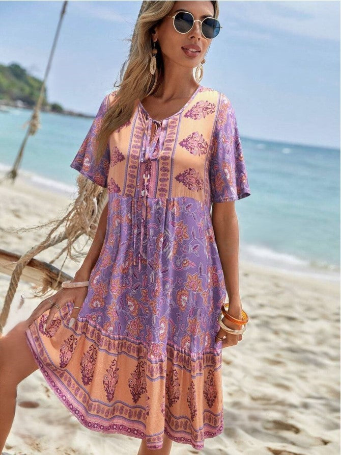 Floral Print Tie V-Neck Ruffle Hem Smock Midi Dress